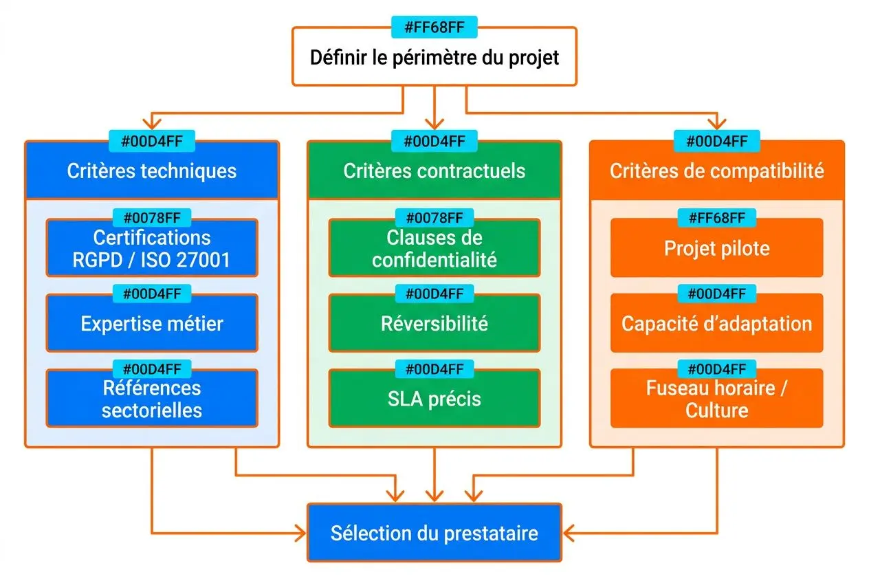 Diagramme sur la sélection d’un prestataire pour une transformation numérique avec outsourcing, montrant critères techniques, contractuels et de compatibilité.