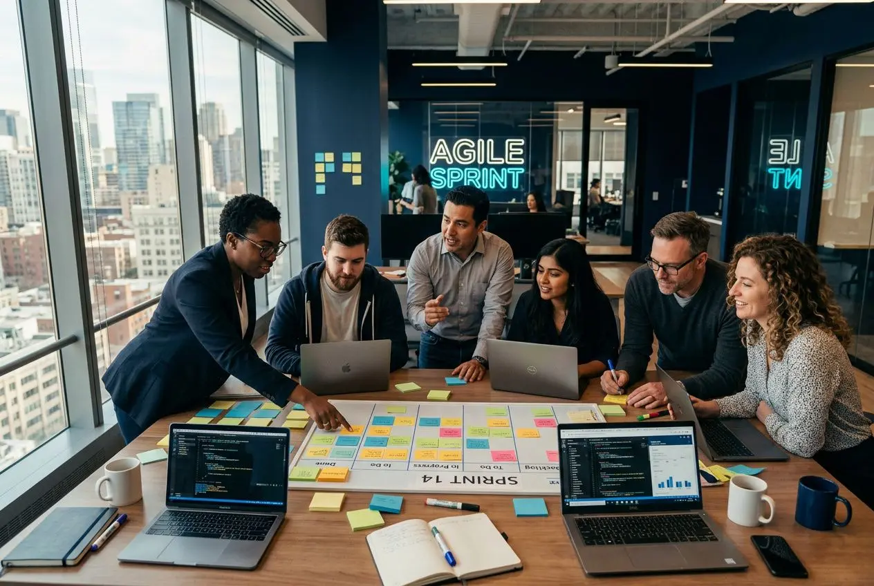 Équipe en séance de travail autour d’un tableau bord agile, échanges et Post-it multicolores sur la table, dispositif de travail agile en arrière-plan. gestion agile définition intégrée.
