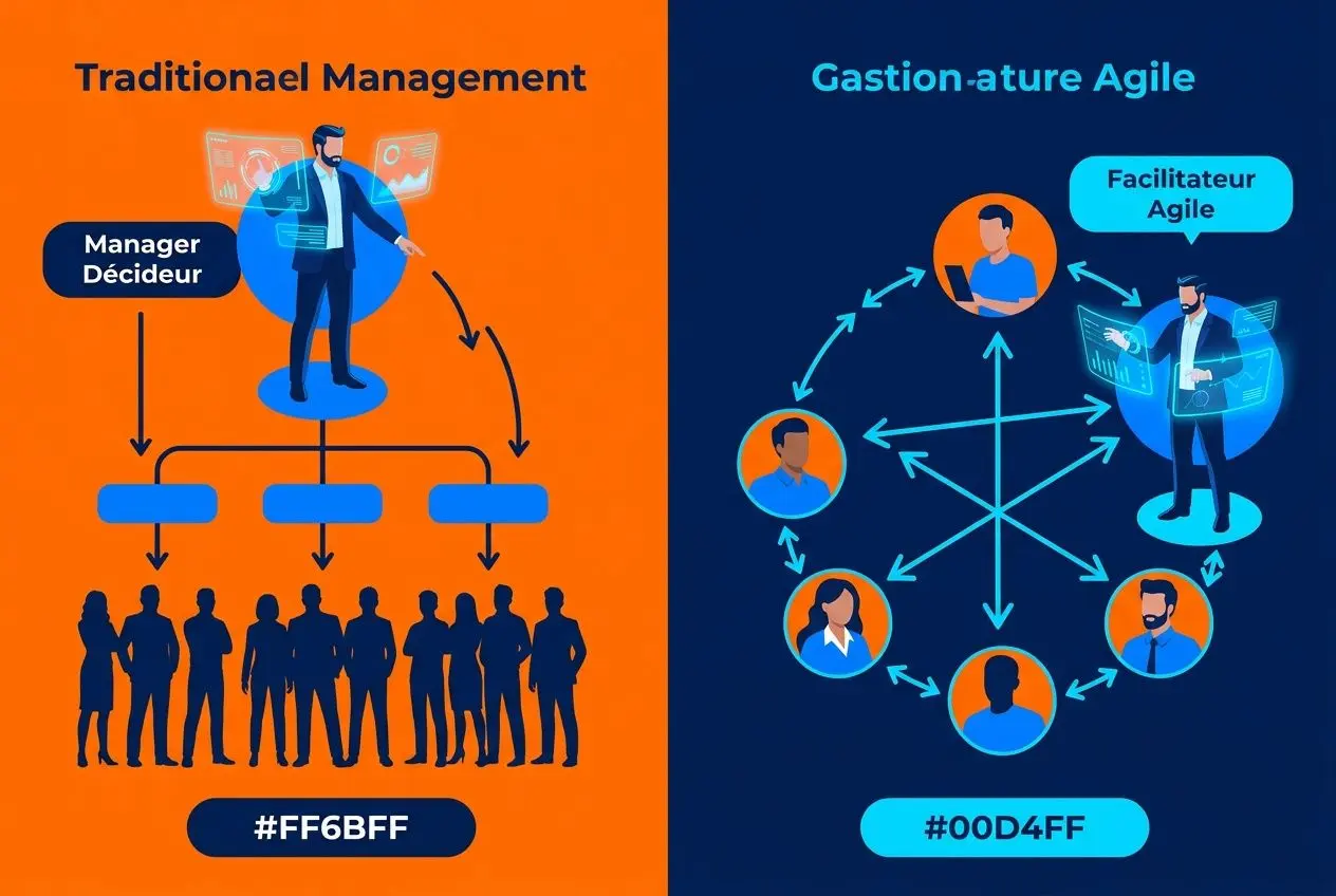 Gestion agile définition: illustration comparative entre management traditionnel et approche agile avec un facilitateur et un réseau collaboratif.