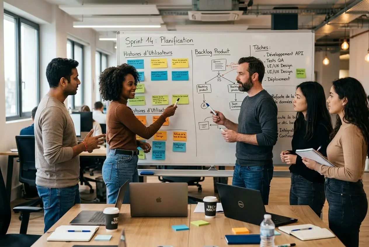 Groupe de collaborateurs autour d’un mur blanc: planification Agile et sprints en affiches colorées, échange et brainstorming. intégrer : comment mettre en place la méthode agile.