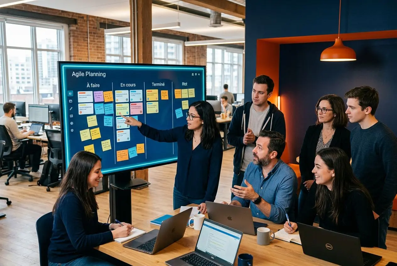 Groupe de professionnels autour d’un tableau interactif affichant un planning Agile, collaboration et échanges autour d’un sprint. les 4 valeurs fondamentales de safe intégrées naturellement.