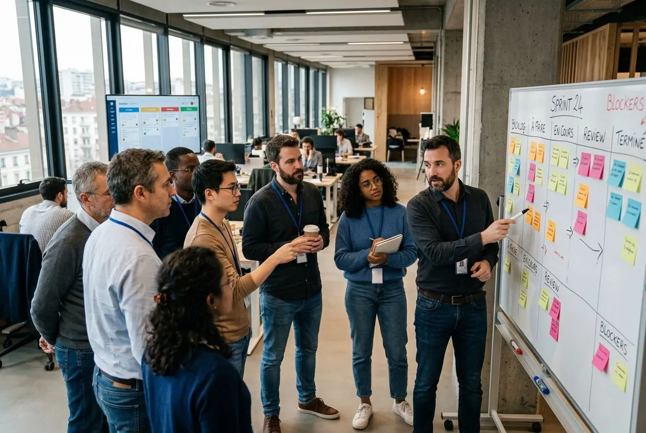 Groupe de professionnels discutant autour d’un tableau blanc avec post-its, brainstorming sur la structure d’une équipe agile, en environnement de travail collaboratif. comment structurer une équipe agile.