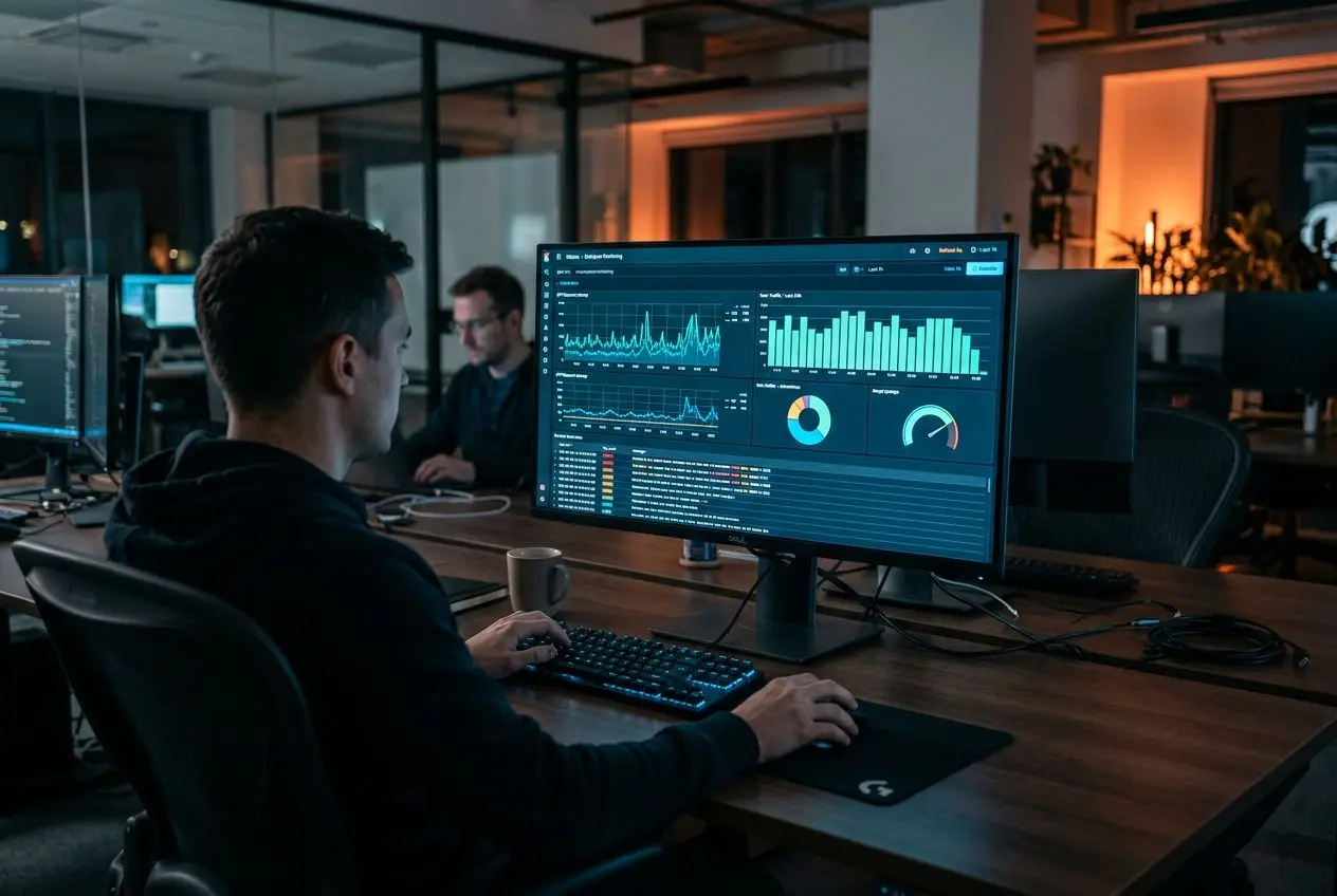 Homme devant un grand écran montrant des graphiques et données, en environnement de bureau sombre, travail sur machine avec outil elastic.