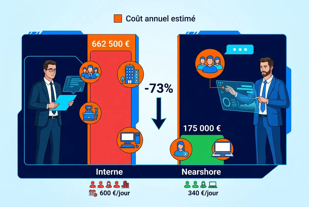 Réduction des coûts avec transformation numérique avec outsourcing : comparison interne vs nearshore, coût estimé 662 500 € puis 175 000 €, -73% et équipes et outils informatiques illustrés.