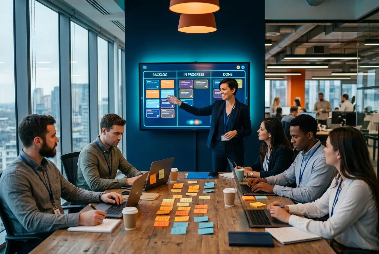 Réunion d’équipe agile autour d’un tableau Kanban sur écran, développeurs et chefs de projet avec post-its colorés et échanges. Qu'est-ce qu'un scrum master certifié est ici illustré comme rôle clé.