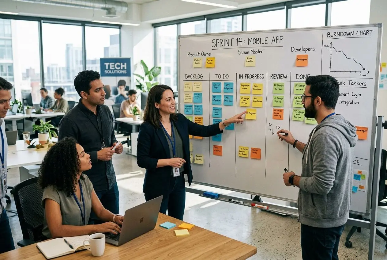 Réunion d’équipe autour d’un tableau blanc avec post-its, planification Sprint 14 et schéma Burndown, méthode agile. la règle 3-5-3 en méthode agile.