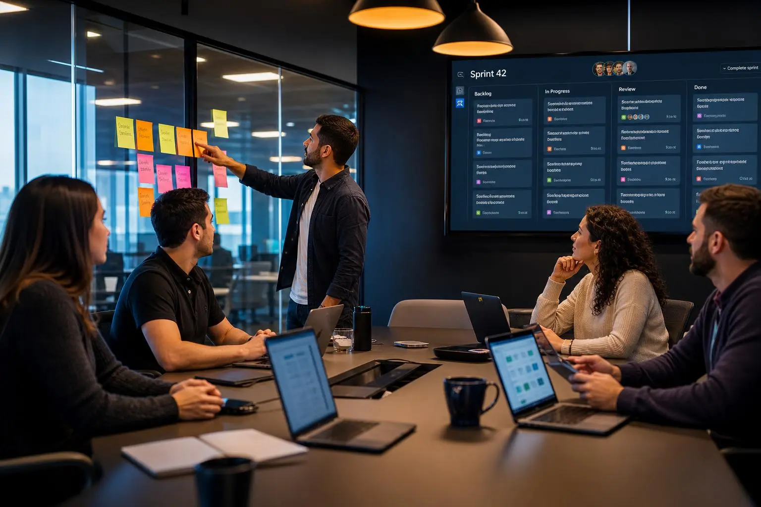 Réunion d’équipe autour d’un tableau d’affichage avec post-it, écrans montrant le sprint et collaborateurs autour d’un grand table. pilotage projet agile outils intégré.