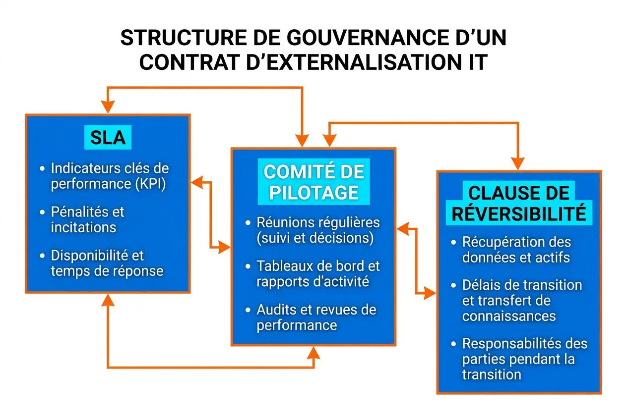 Schéma de structure de gouvernance d’un contrat d’externalisation IT avec SLA, comité de pilotage et clause de reversibilité.