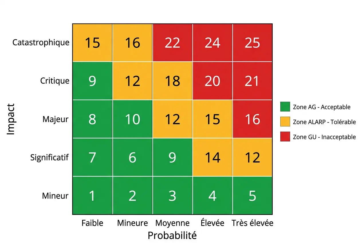 Tableau analyse des risques montrant une matrice de risques avec niveaux d’impact (Mineur à Catastrophique) et probabilités (Faible à Très élevée). Couleurs: vert acceptable, jaune tolérable, rouge inacceptable.