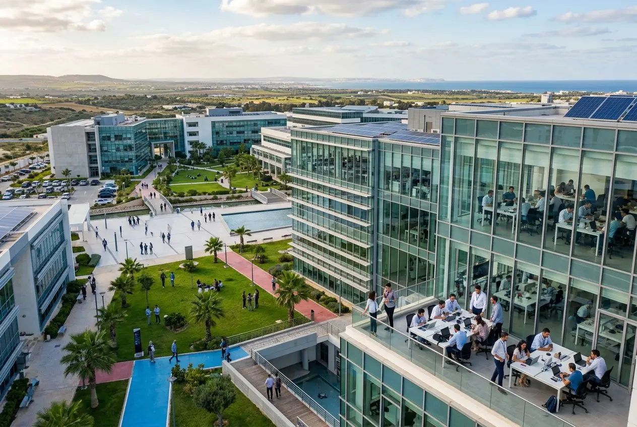 Vue aérienne d’un parc d’entreprises moderne avec bâtiments en verre, espaces verts et personnes travaillant en extérieur et en intérieur. Régie délocalisée offshore tunisie.