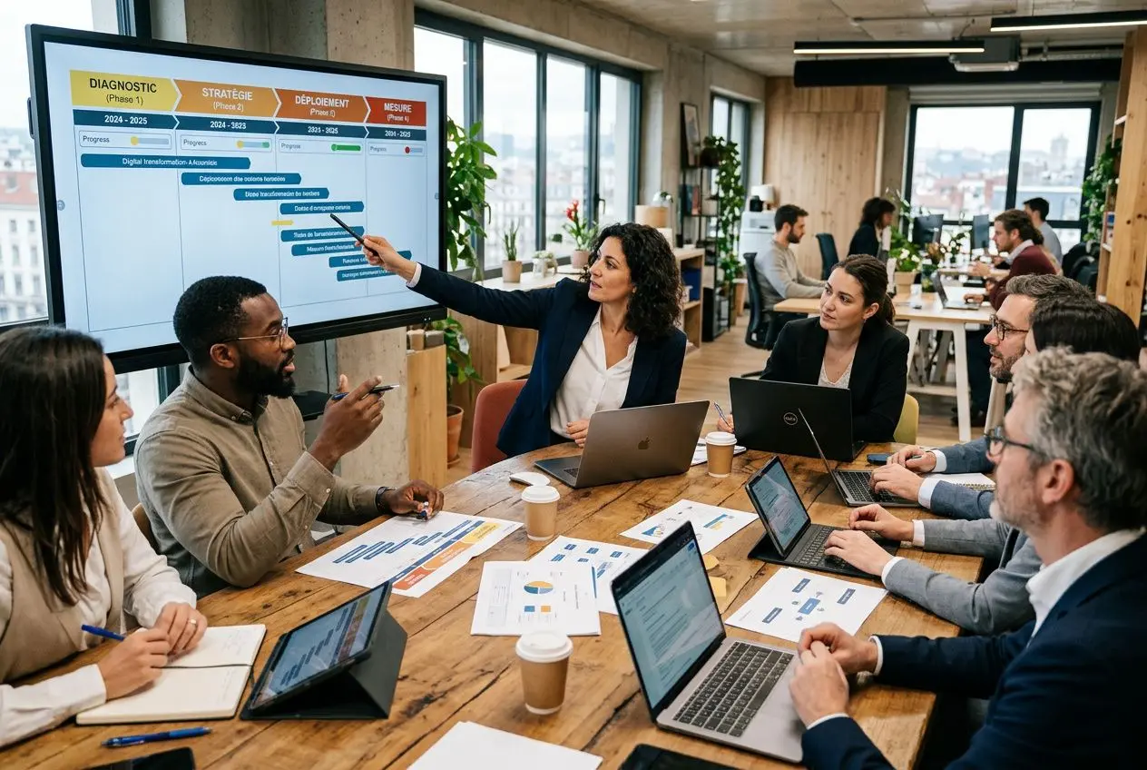 Vue d'une équipe en réunion autour d'une table, présentatrice pointant un diagramme sur un écran, collaborateurs avec ordinateurs portables en contexte de transformation numérique avec outsourcing.