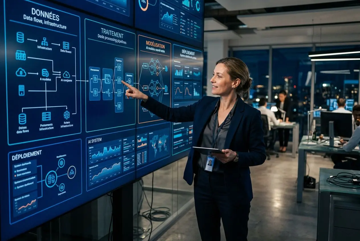 Consultante montrant et analysant une interface de données et de processus IA sur un grand écran dans un centre opérationnel. Elle semble coordonner l’architecture IA d’entreprise.