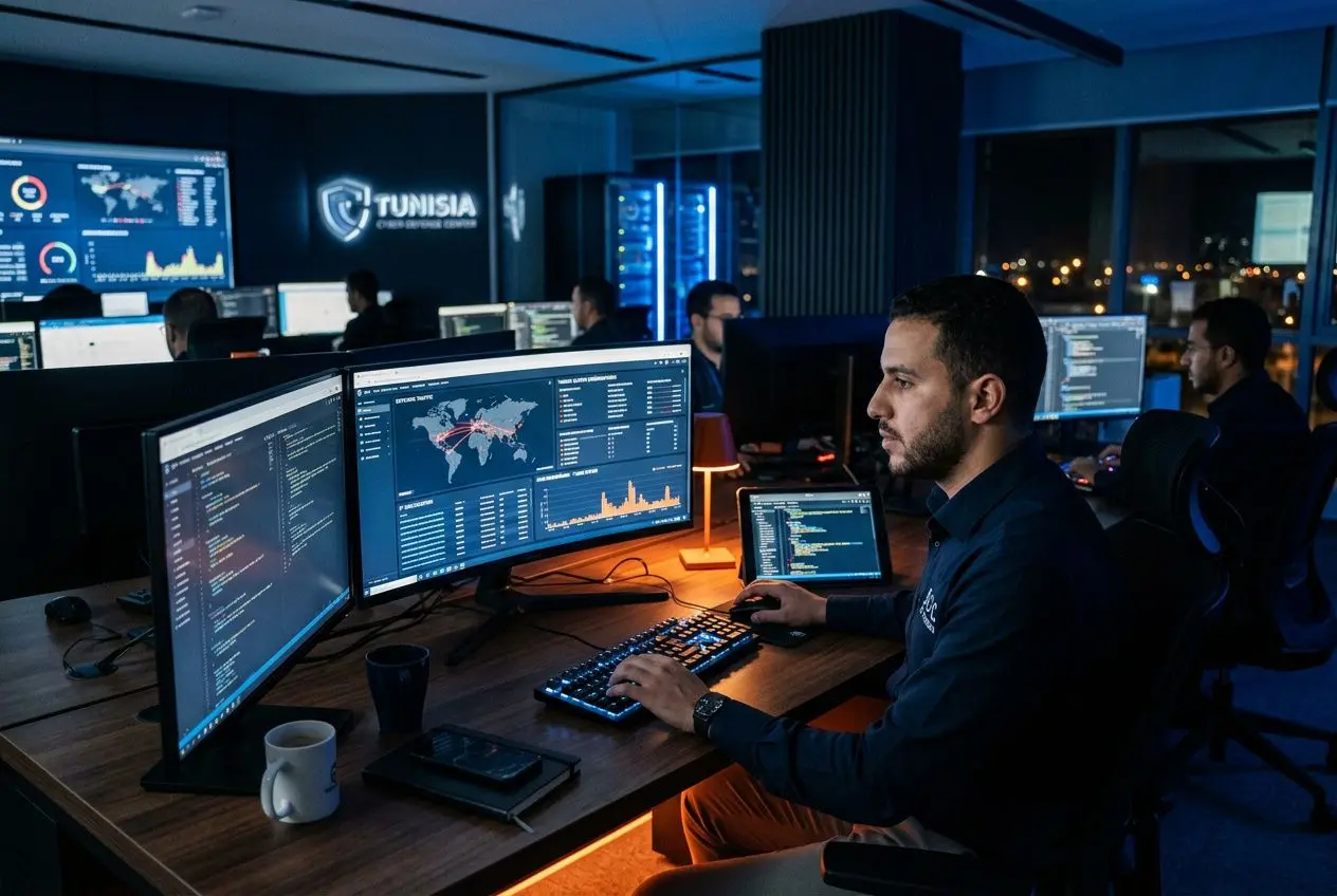 Contrôleur de cybersécurité en Tunisie surveillant des écrans et analyses sur plusieurs moniteurs dans une salle opérationnelle. cybersécurité en tunisie immersion.