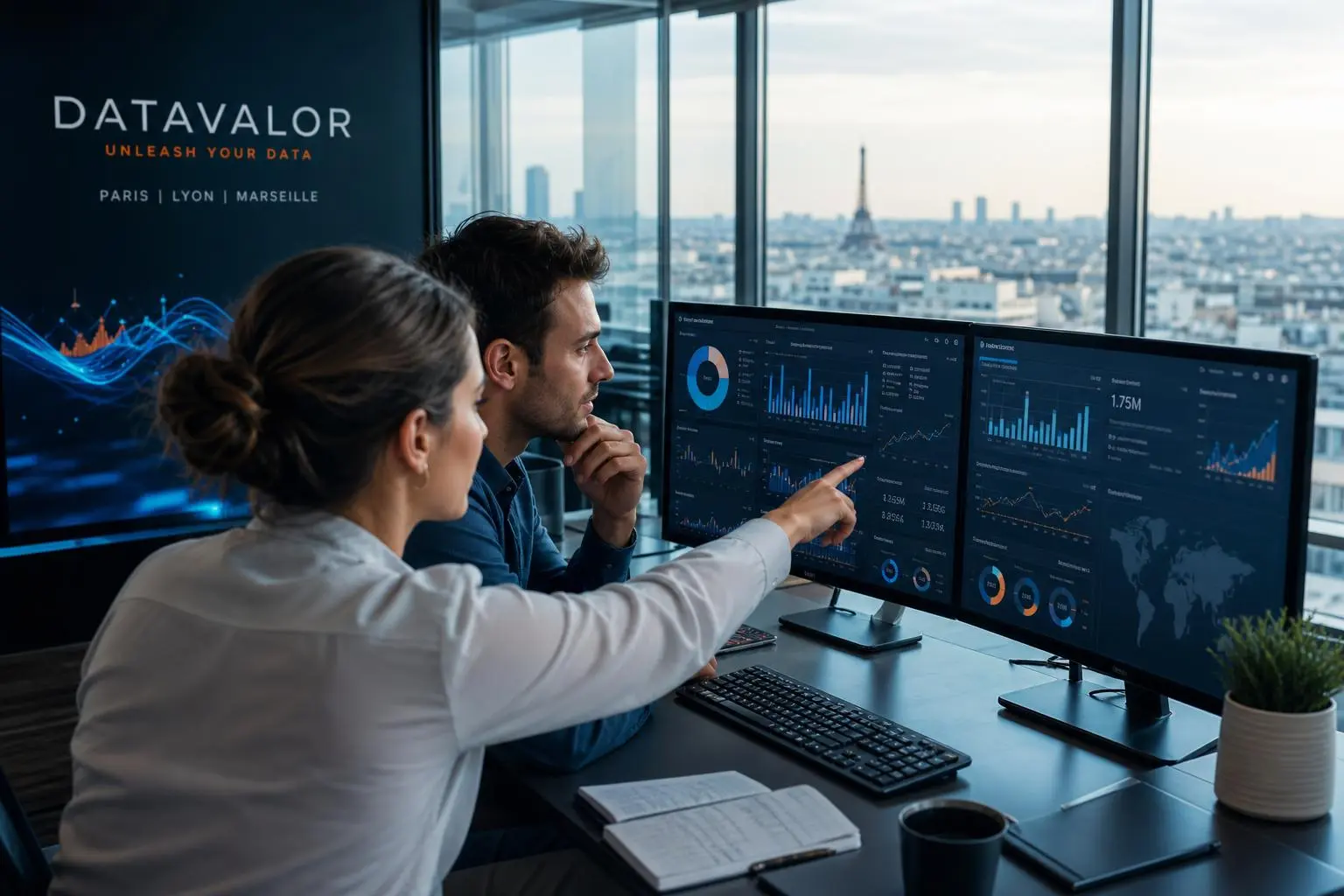 Deux professionnels analysant des données sur deux grands écrans de dashboards, dans un bureau avec vue urbaine. meilleure ia pour analyse de données est illustrée.