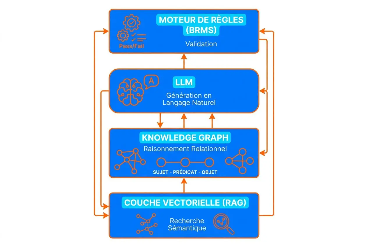 Diagramme d’architecture IA d’entreprise montrant une couche vectorielle (recherche semantique), une couche Knowledge Graph, un LLM et un moteur de règles BRMS avec flux de validation et boucle de rétroaction.