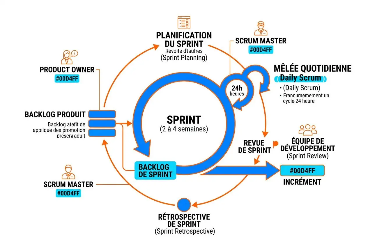 Diagramme illustrant le cycle Scrum en sprint (2 à 4 semaines) avec backlog, rétrospective et revue de sprint, et rôles comme Scrum Master et Product Owner. formation agile pour développeurs intégrée.