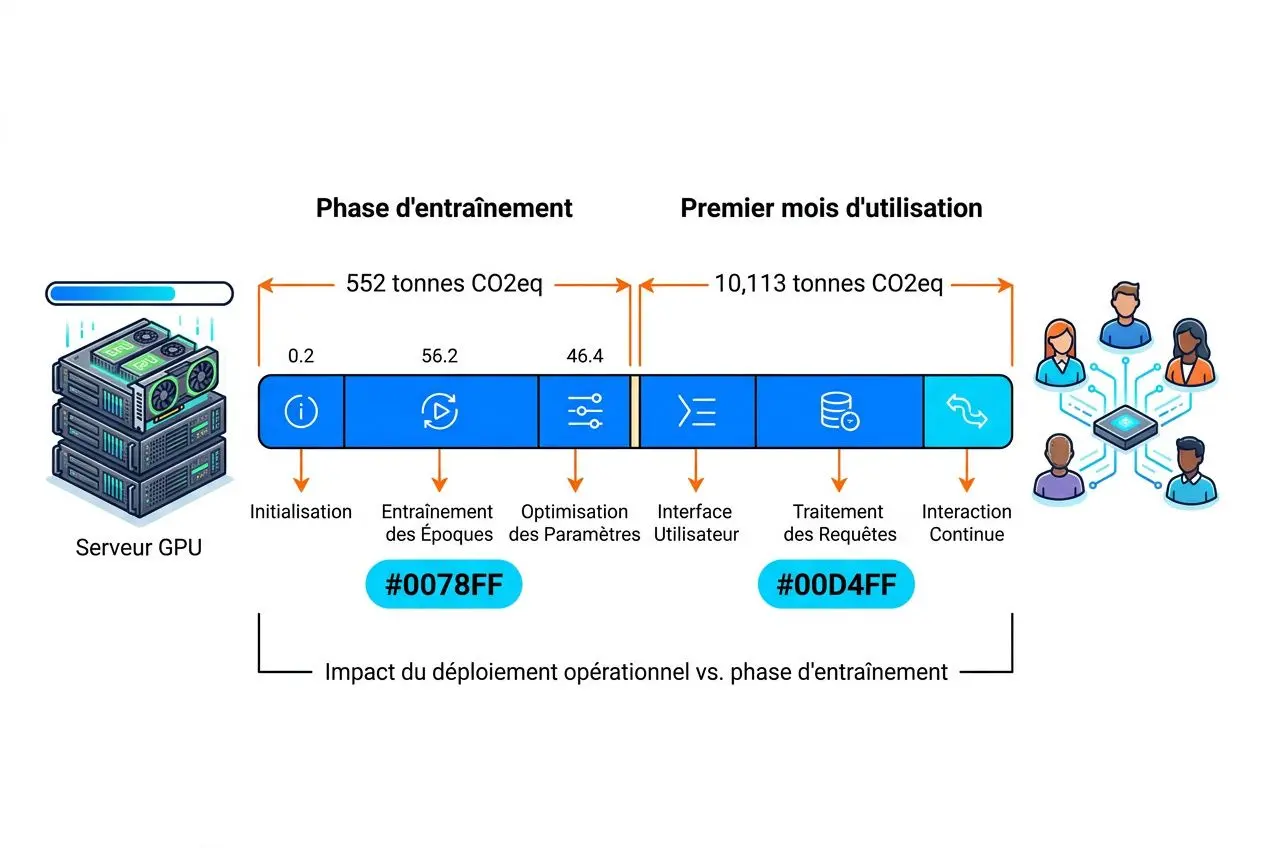Diagramme sur les impacts numériques de l'ia: serveur GPU, phases d'entraînement et premier mois d'utilisation, émissions CO2 totalisées et répartition des étapes.