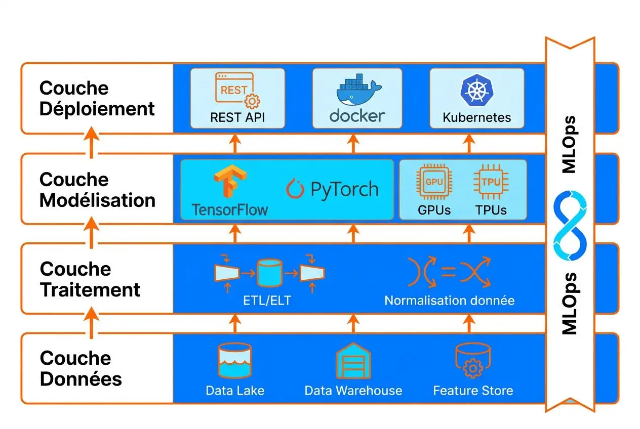Diagramme montrant une architecture IA d'entreprise en layers: Données, Traitement, Modélisation et Déploiement, avec outils et pipelines; texte « rôle de l'architecte ia d'entreprise » intégré.