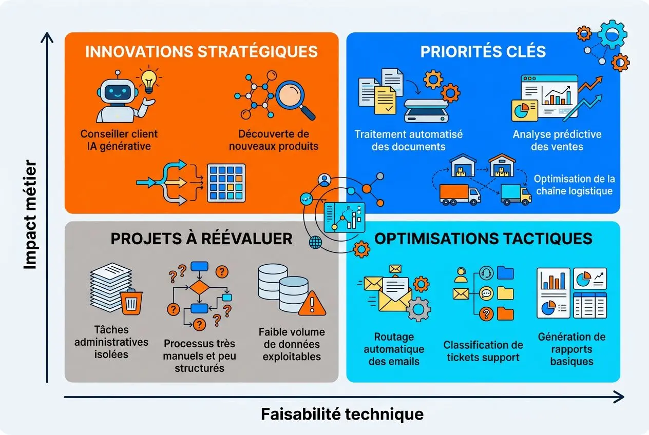 Diagramme quadripartite sur l’architecture ia d'entreprise et l'impact métier: innovations stratégiques, priorités clés, projets à réévaluer et optimisations tactiques.