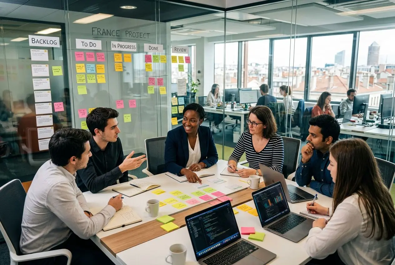 Equipage collaboratif lors d'une réunion de formation agile, échanges autour de notes adhésives et plan de projet, formation agile c est quoi.