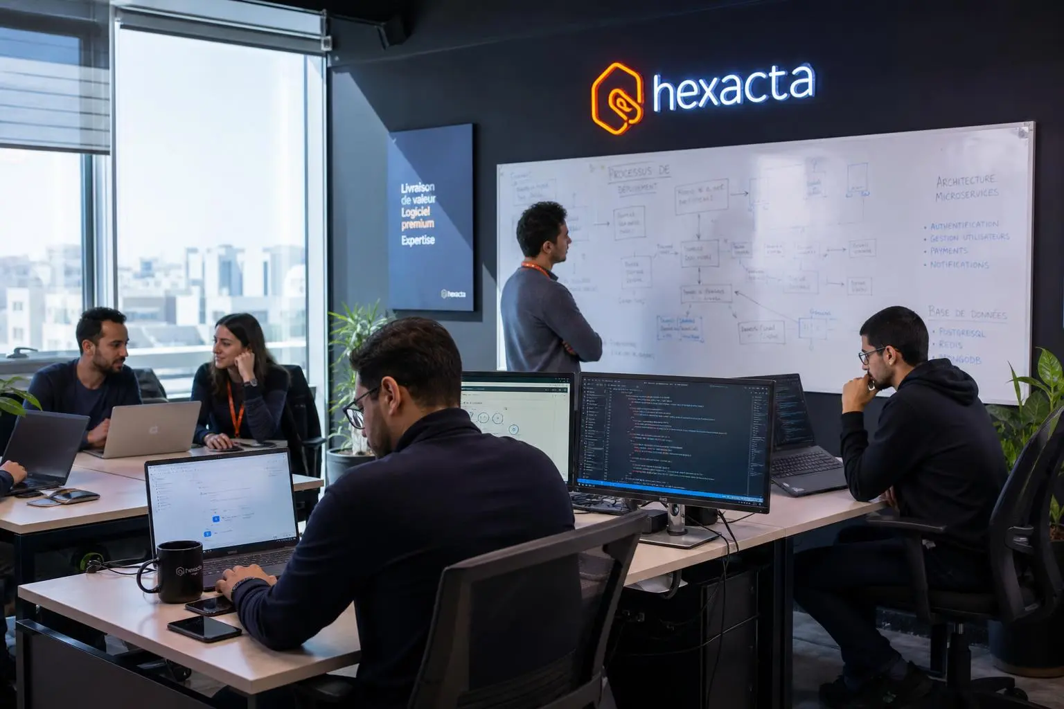 Équipe de développeurs travaillant dans une salle de coworking moderne, écrans et laptops ouverts, tableau blanc et logo hexacta au mur. nearshoring en français, définition, avantages et limites.