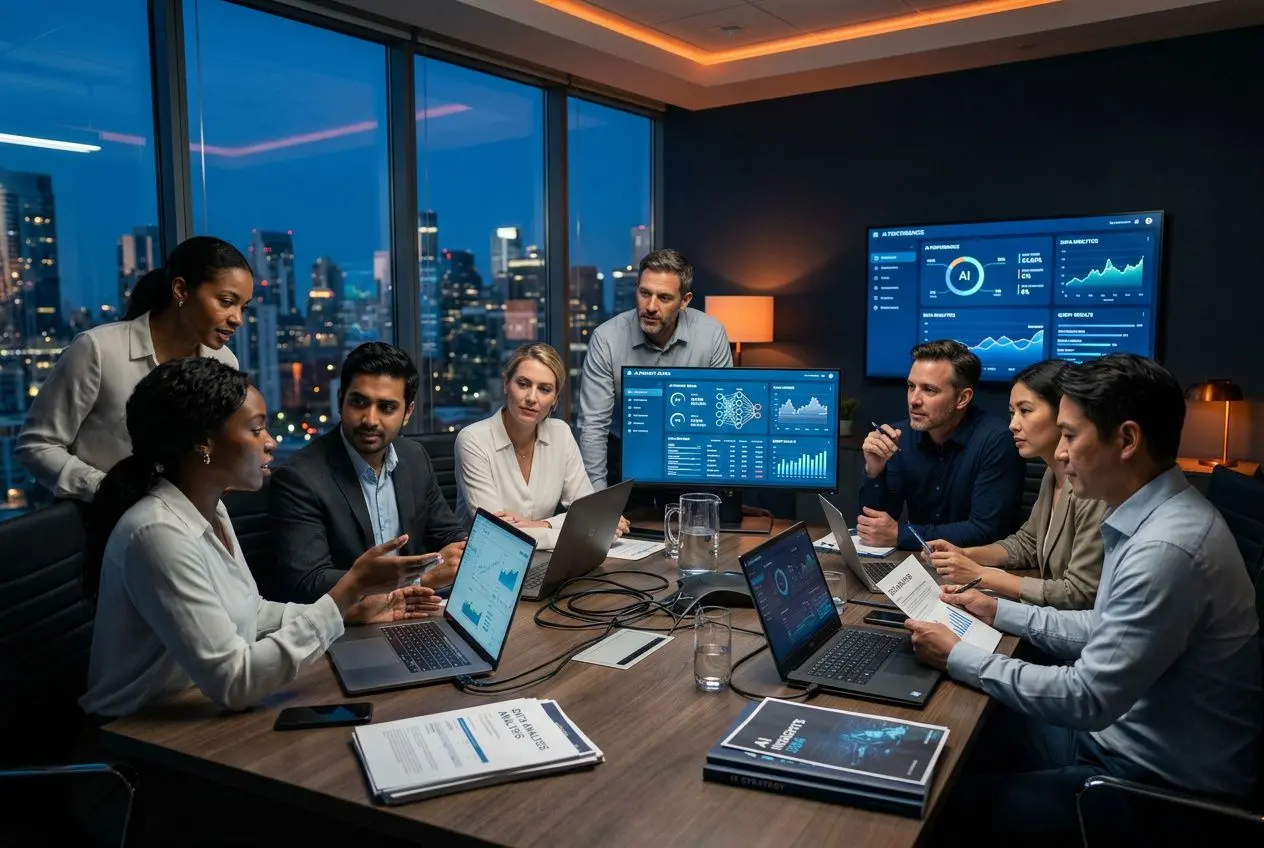 Equipe de professionnels en réunion autour d’une table, montrant des écrans et documents sur l’outsourcing ia et data dans une salle de travail moderne.