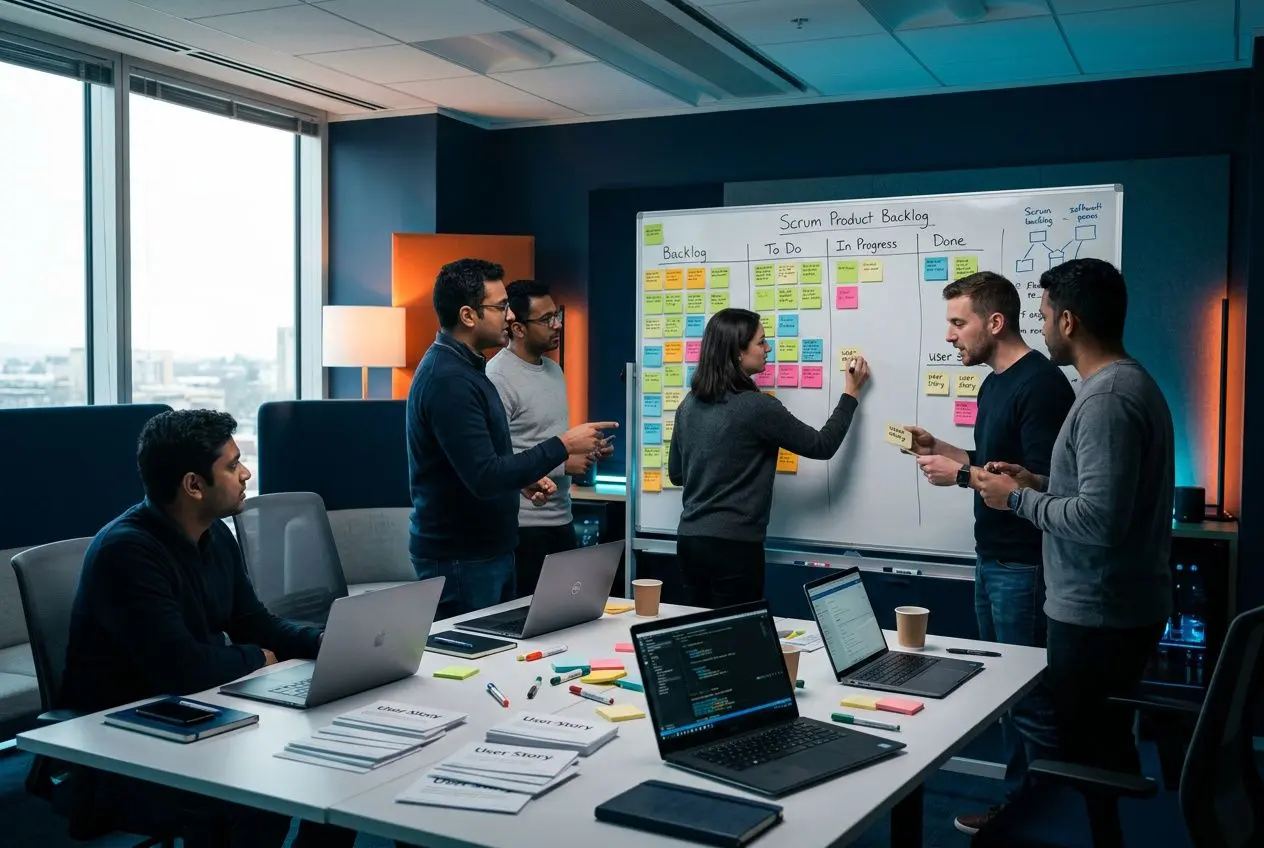 Équipe en réunion autour d’un tableau blanc Scrum, échange et planification agile avec post-its colorés et laptops. formation agile pour développeurs probable.