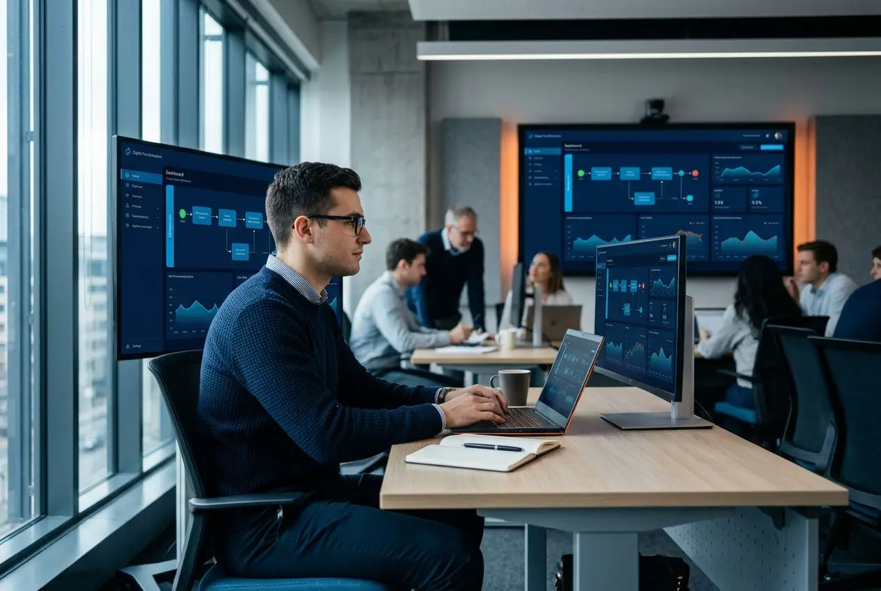 Équipe en salle de contrôle travaillant sur des tableaux de bord et écrans montrant des graphiques, dans un cadre professionnel et moderne. tère management de la transformation digitale.