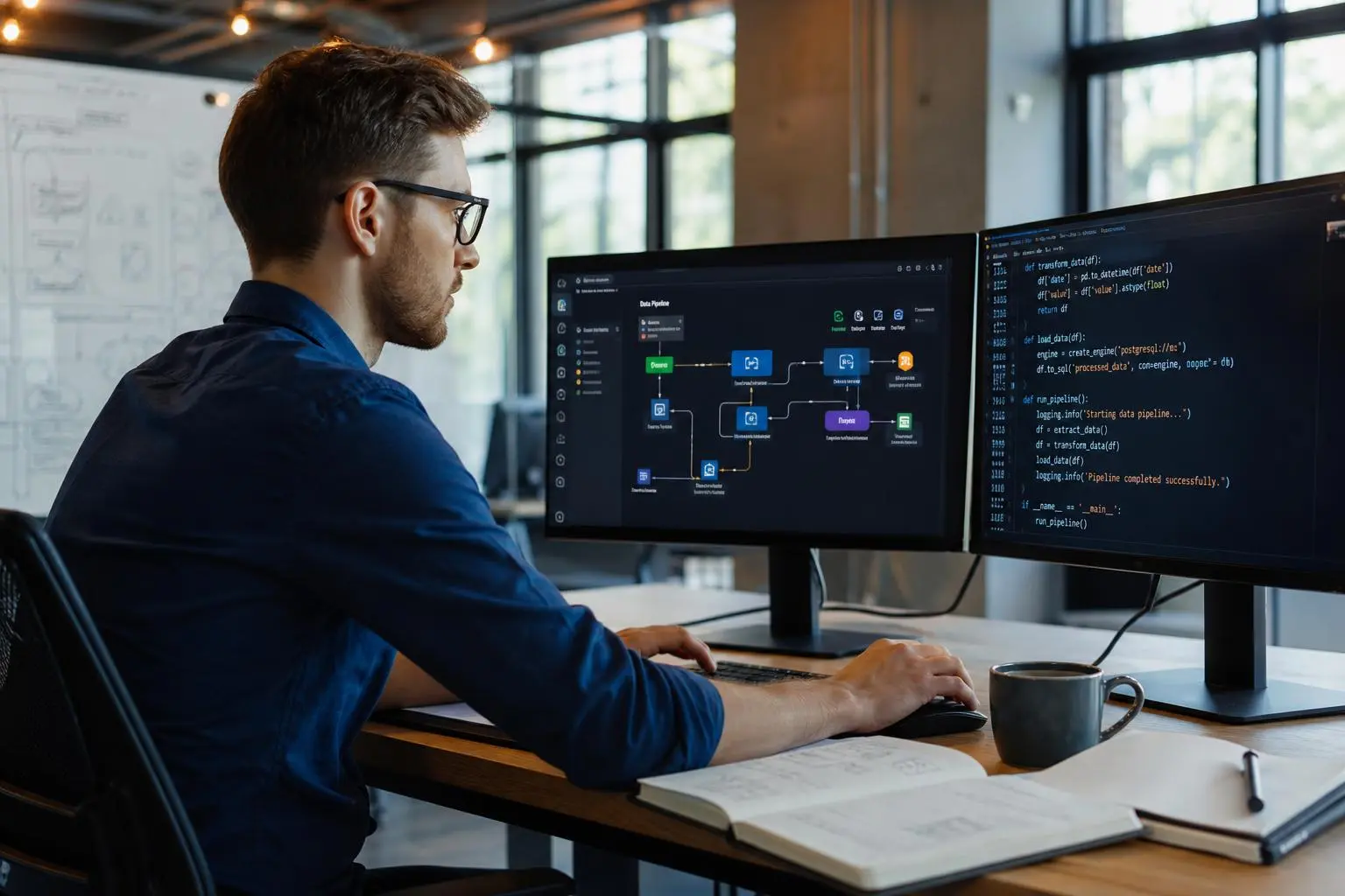 Étudiant en formation alternance data engineer devant deux écrans affichant du code et des flux de données, au travail.