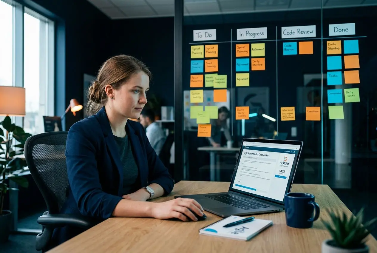 Femme en bureauté travaillant sur un ordinateur portable, planification agile affichée en post-its sur verrière. alt text: certification agile scrum en tête.