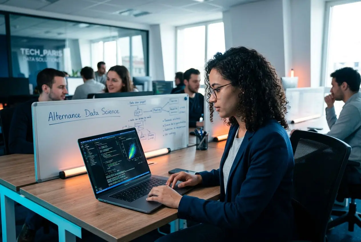 Femme développeuse sur laptop dans un open space, tableau "Alternance Data Science" et collègues au fond, ambiance travail et codage. Ter data science alternance.