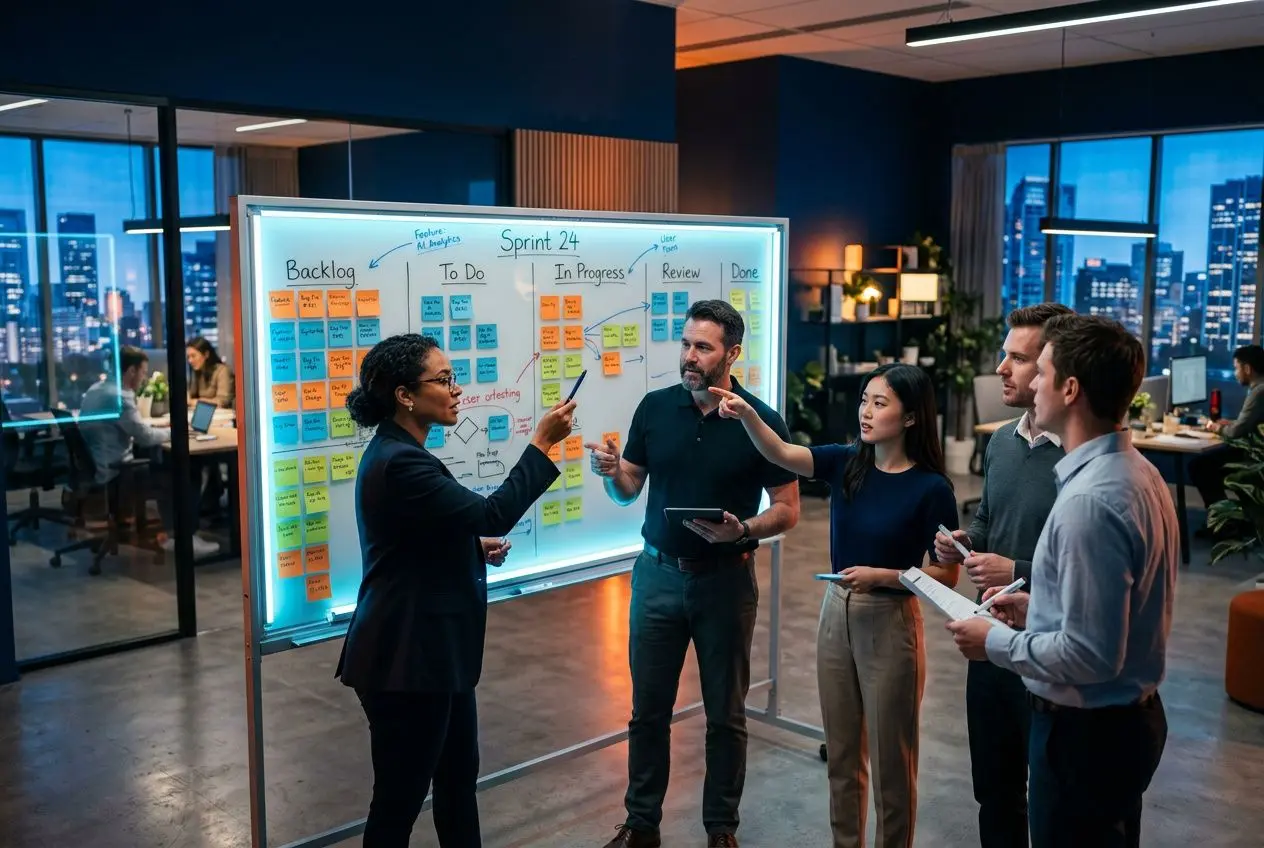 Groupe de professionnels discutant autour d’un tableau blanc interactif avec post-its, en mode agile. Apprendre la méthode agile seul n'est pas le sujet ici.