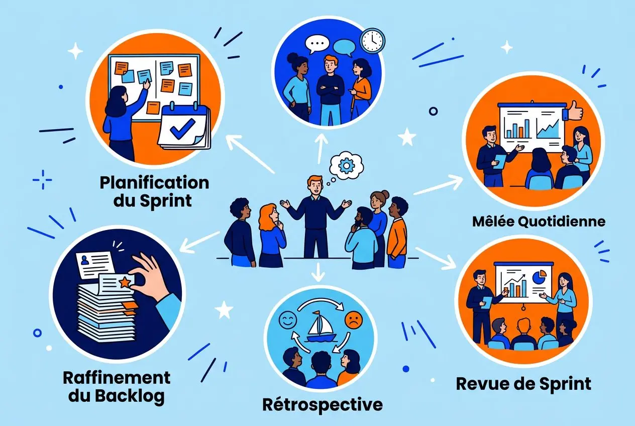 Illustration d’équipe agile autour du planning et des rituels Scrum, avec planification du Sprint, mêlée quotidienne et rétrospective. certification agile scrum visible.