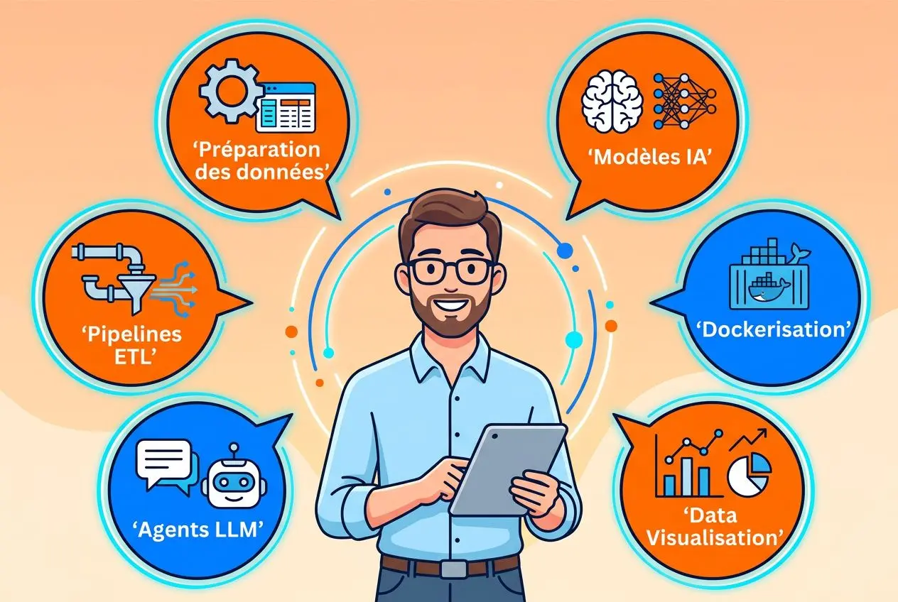 Illustration d’un jeune homme tenant une tablette, entouré de bulles orange et bleue présentant des concepts d’intelligence artificielle et data science.