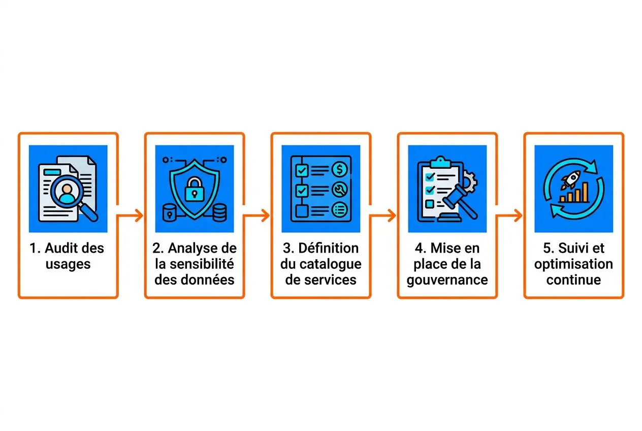 Processus d’outsourcing ia et data: audit des usages, analyse des données, définition du catalogue, mise en place de la gouvernance, suivi et optimisation continue.