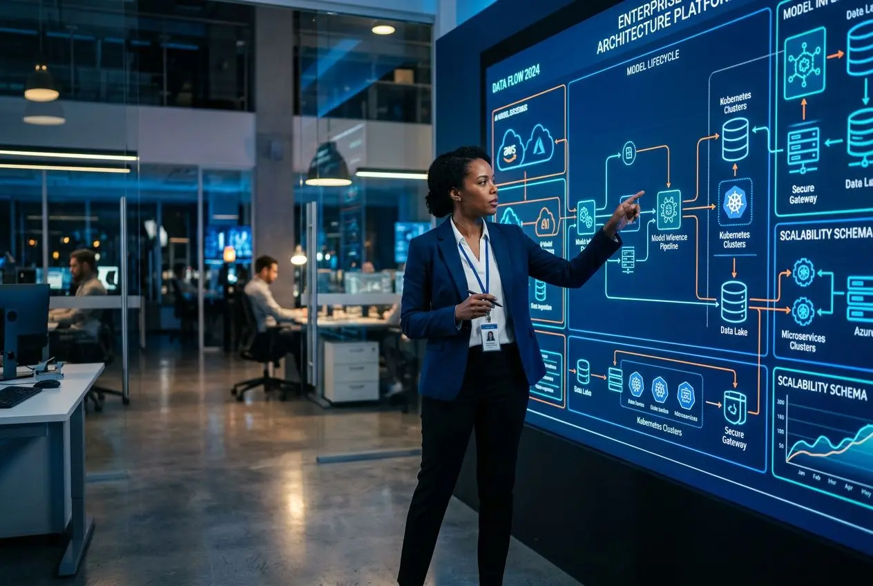 Professionnelle présentant des graphiques d’architecture ia d'entreprise sur un grand écran interactif dans un laboratoire numérique.
