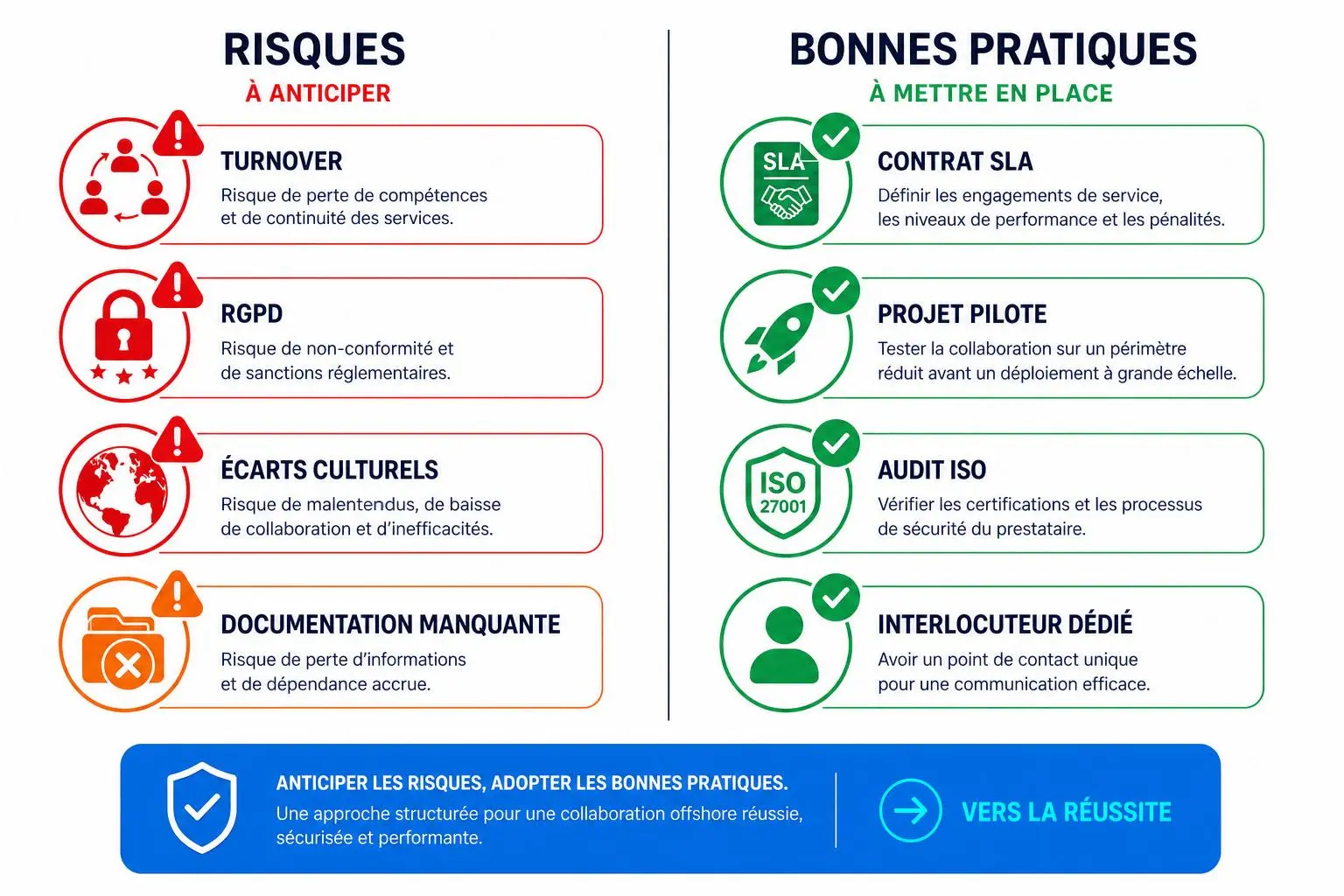 Risque et bonnes pratiques en nearshoring en français : schéma bilingue avec colonnes « Risques à anticiper » et « Bonnes pratiques à mettre en place », icônes associées et thèmes comme SLA, projet pilote et audit ISO.