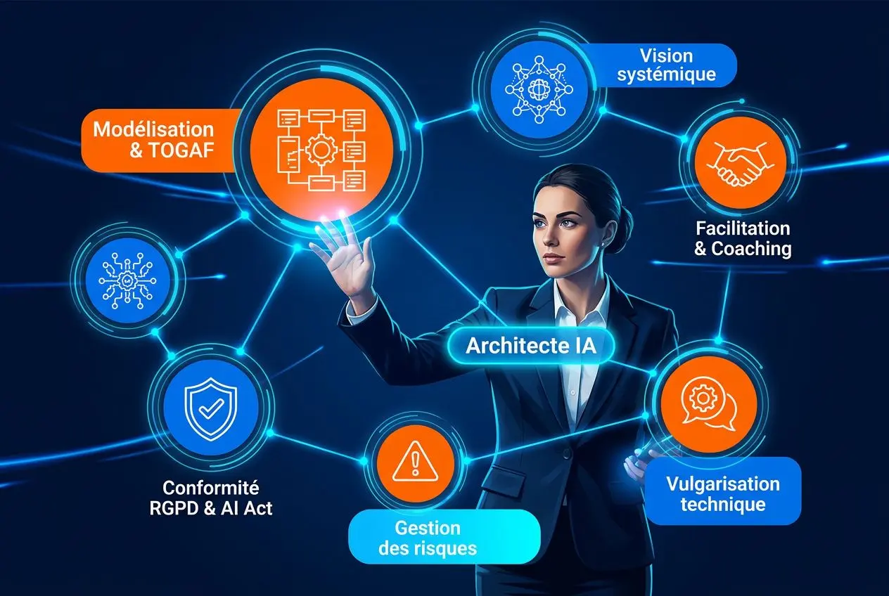 Rôle de l'architecte IA d'entreprise illustré par une professionnelle entourée de cercles navettes et icônes représentant modélisation, vision systémique, gestion des risques et conformité.