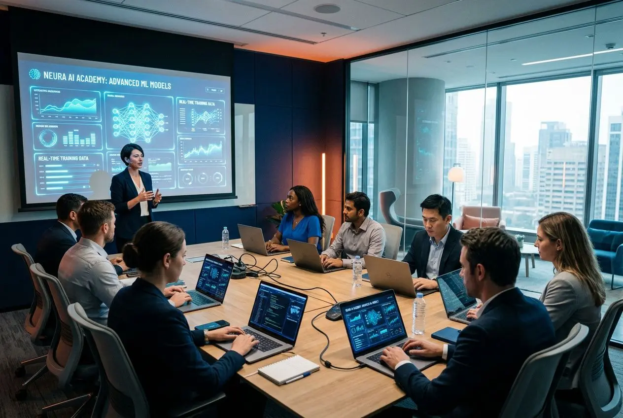 Salle de formation en IA en entreprise: une présentatrice devant un écran affichant des graphiques, entourée d’une équipe avec des laptops lors d’une session de “formation ia en entreprise”