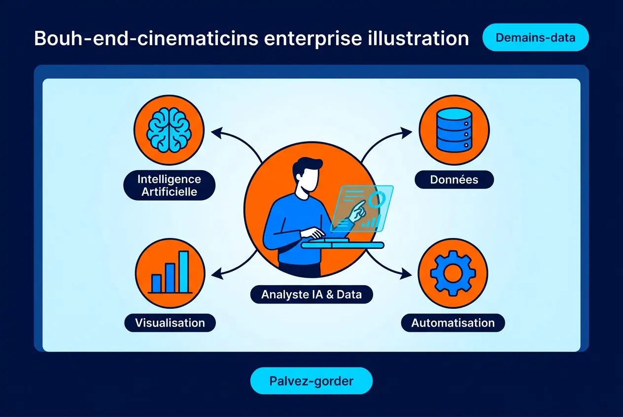 Schéma d’analyse IA et Data montrant un analyste au centre, relié à l’Intelligence Artificielle, Données, Visualisation et Automatisation. Outsourcing ia et data intégré.