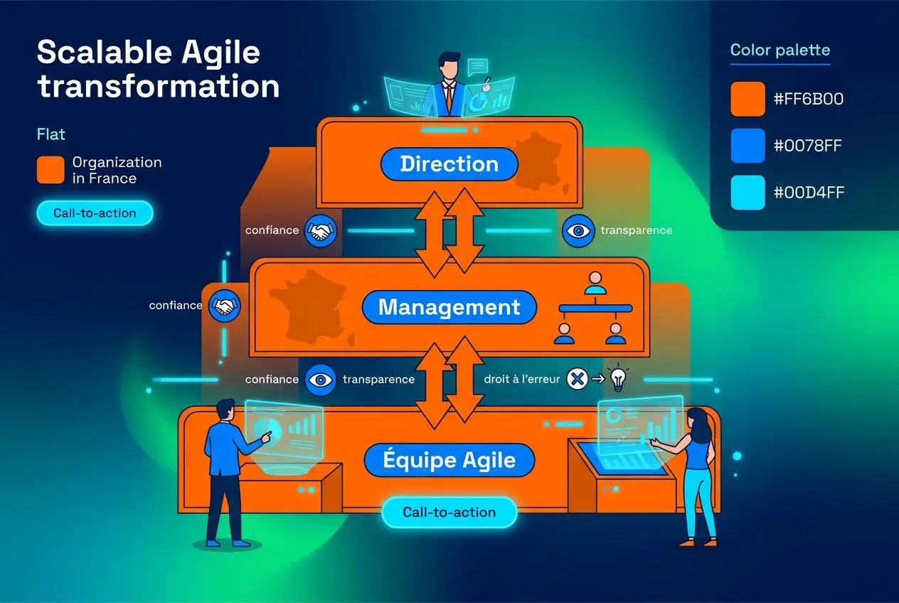 Schéma illustrant une transformation agile scalable avec direction, management et équipe agile en blocs orange sur fond bleu-vert, lignes de connexion et icônes de confiance et transparence. formation agile c est quoi intégrée dans le contexte.