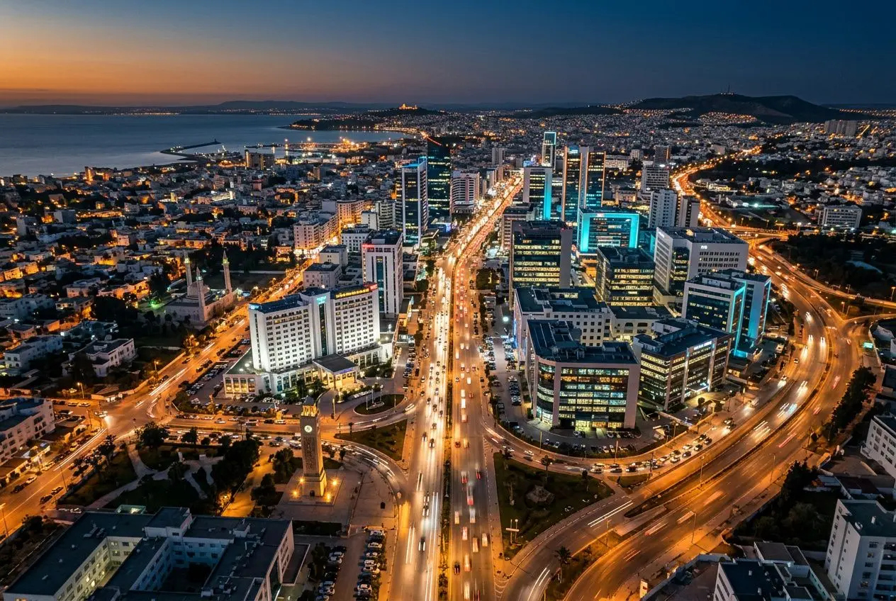Ville moderne en soirée, rues lumineuses et immeubles alignés, illustrating la transformation numérique tunisie avec flux de trafic et horizon urbain.