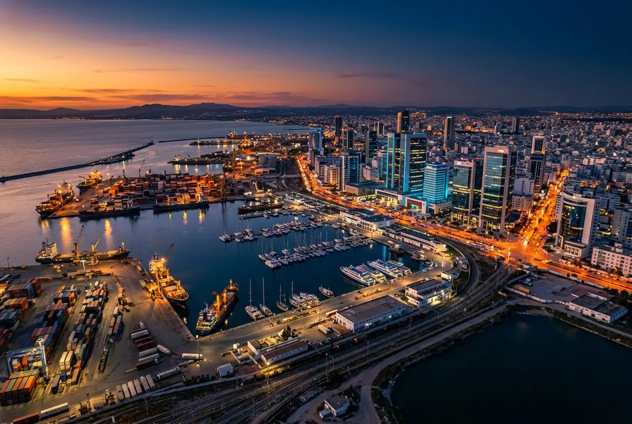 Vue nocturne d’un port urbain dynamique avec quais, containers et gratte-ciel éclairés évoquant une hub IT près du littoral. comment choisir nearshore tunisie intégré naturellement.
