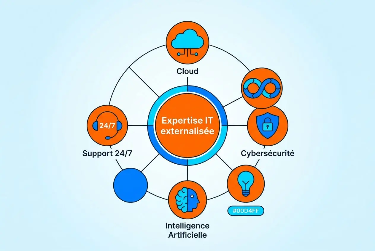 Avantages de l'externalisation des services informatiques : schéma montrant une IT externalisée avec Cloud, support 24/7, cybersécurité, intelligence artificielle et expertise IT externalisée.