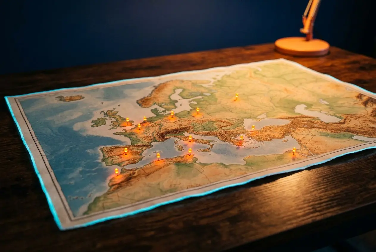 Carte illuminée représentant des pays nearshore en europe sur une table, guide pour l'externalisation IT.