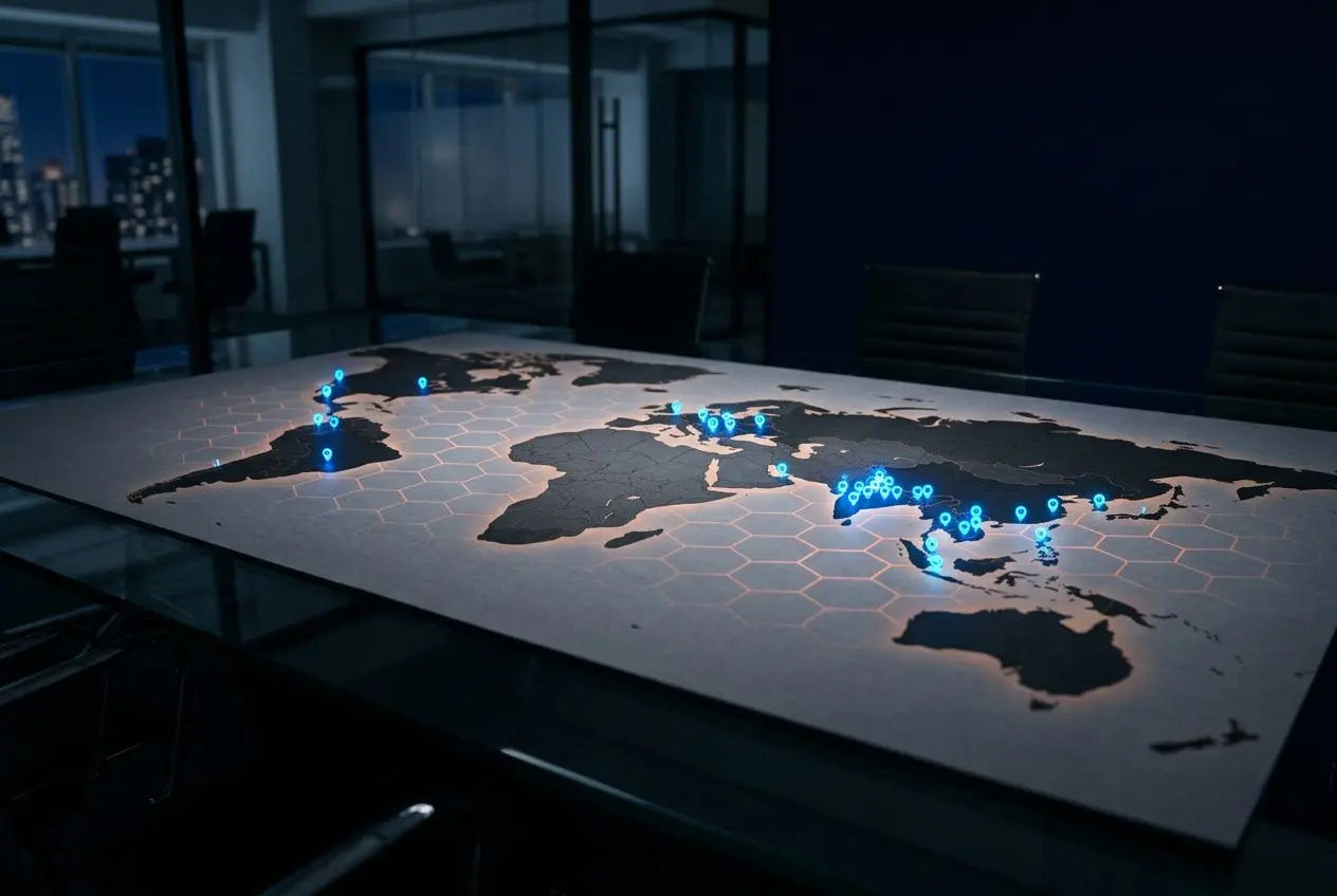 Carte du monde lumineuse avec des marqueurs bleus, symbolisant l'outsourcing offshor dans une salle de réunion.