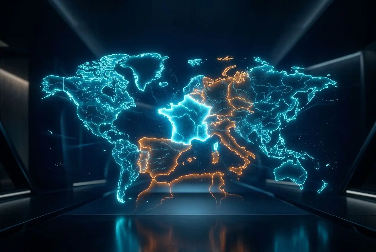 Carte du monde lumineuse montrant les zones nearshore en bleu et offshore en orange, dans un décor numérique.