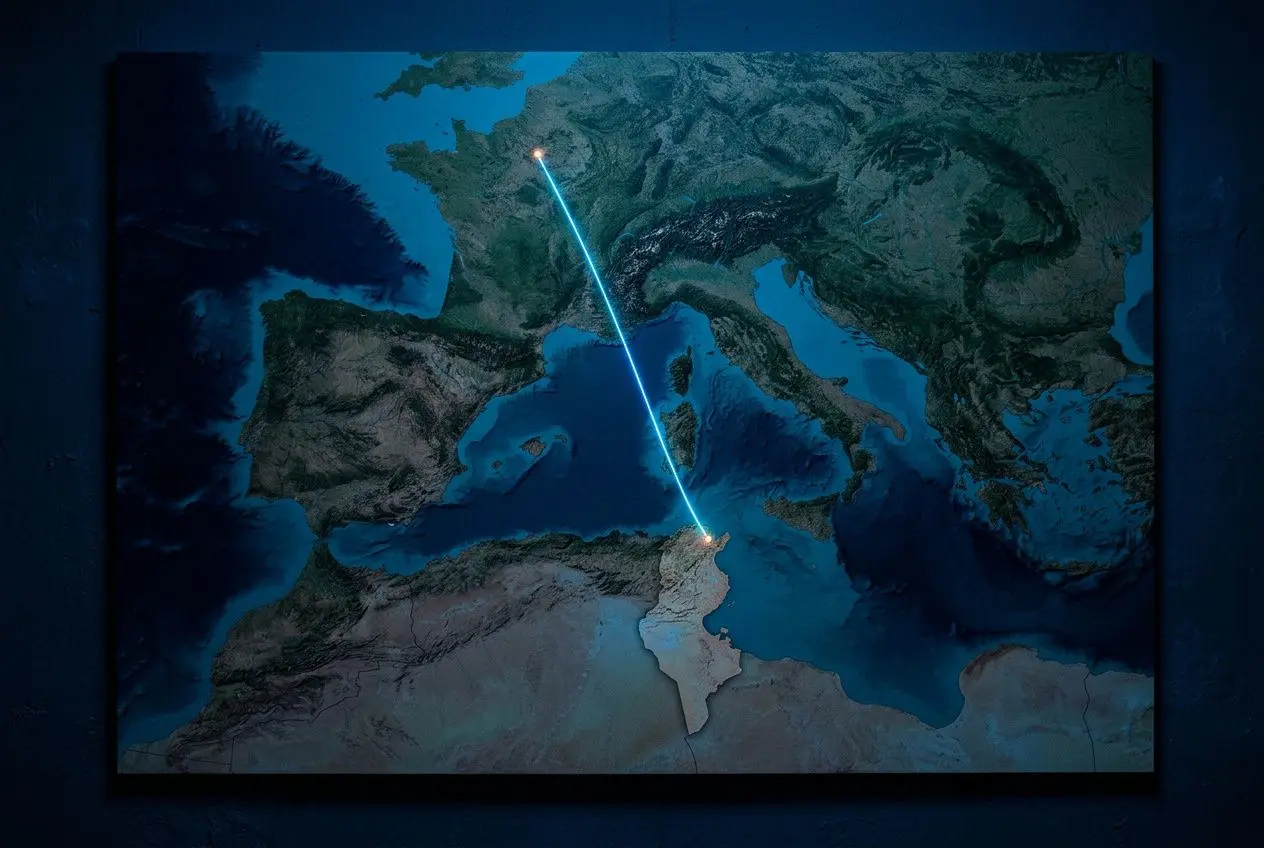 Carte montrant une connexion lumineuse entre l’Europe méridionale et la Tunisie, symbolisant une équipe développement nearshore tunisie.