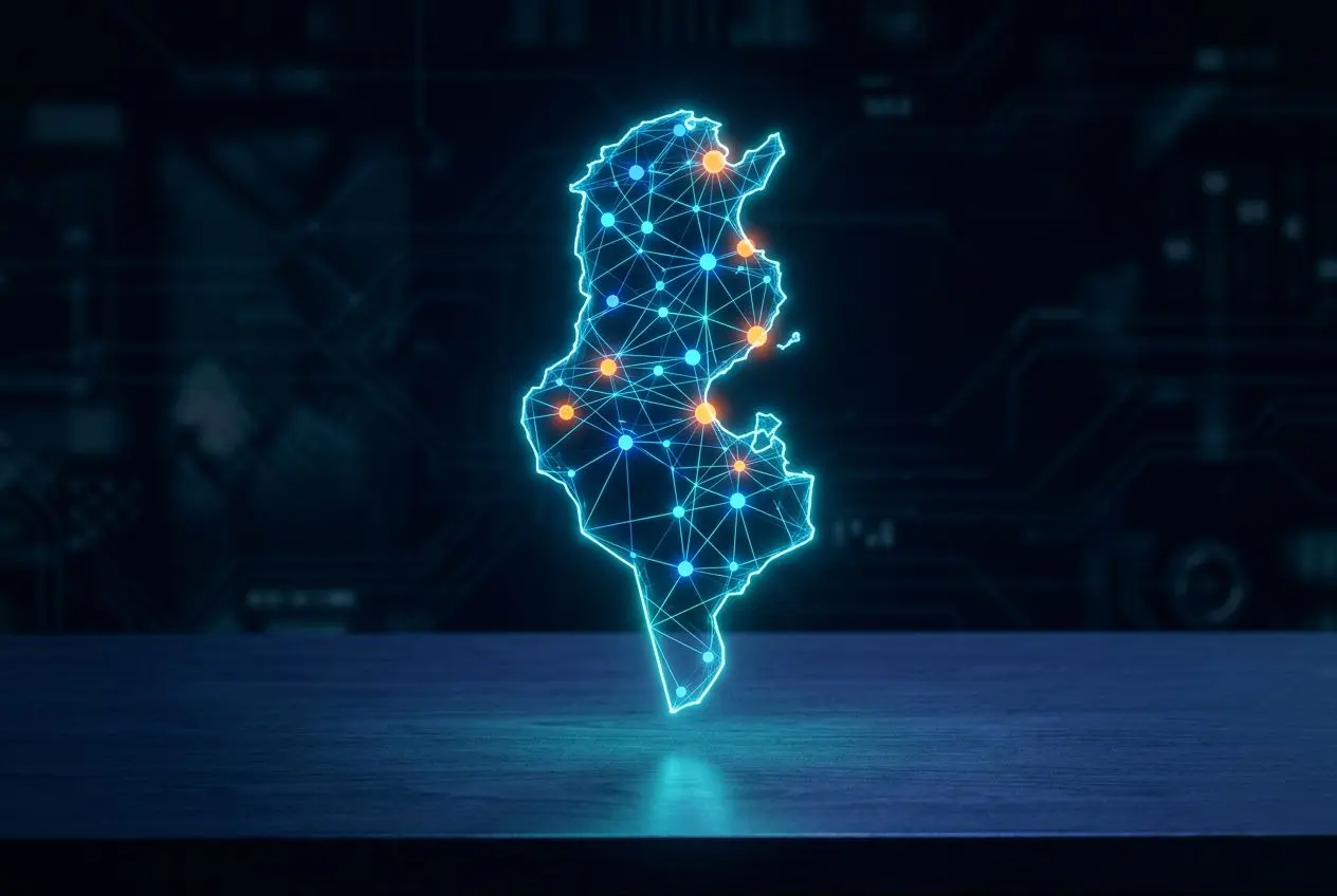 Carte numérique de la Tunisie avec réseau lumineux et points d’accès, symbolisant la transformation digitale en tunisie et la connectivité numérique.