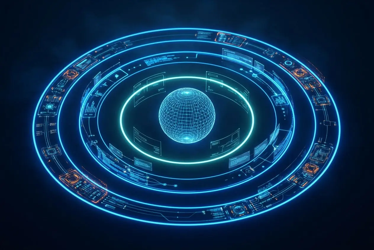Cercle lumineux autour d’une sphère géométrique, motif holographique bleu évoquant l’agent IA pour petites entreprises et l’automatisation.